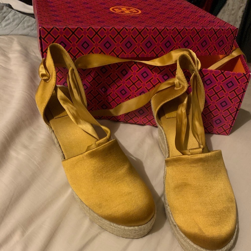 Tory Burch gold satin espadrille wedge like new.